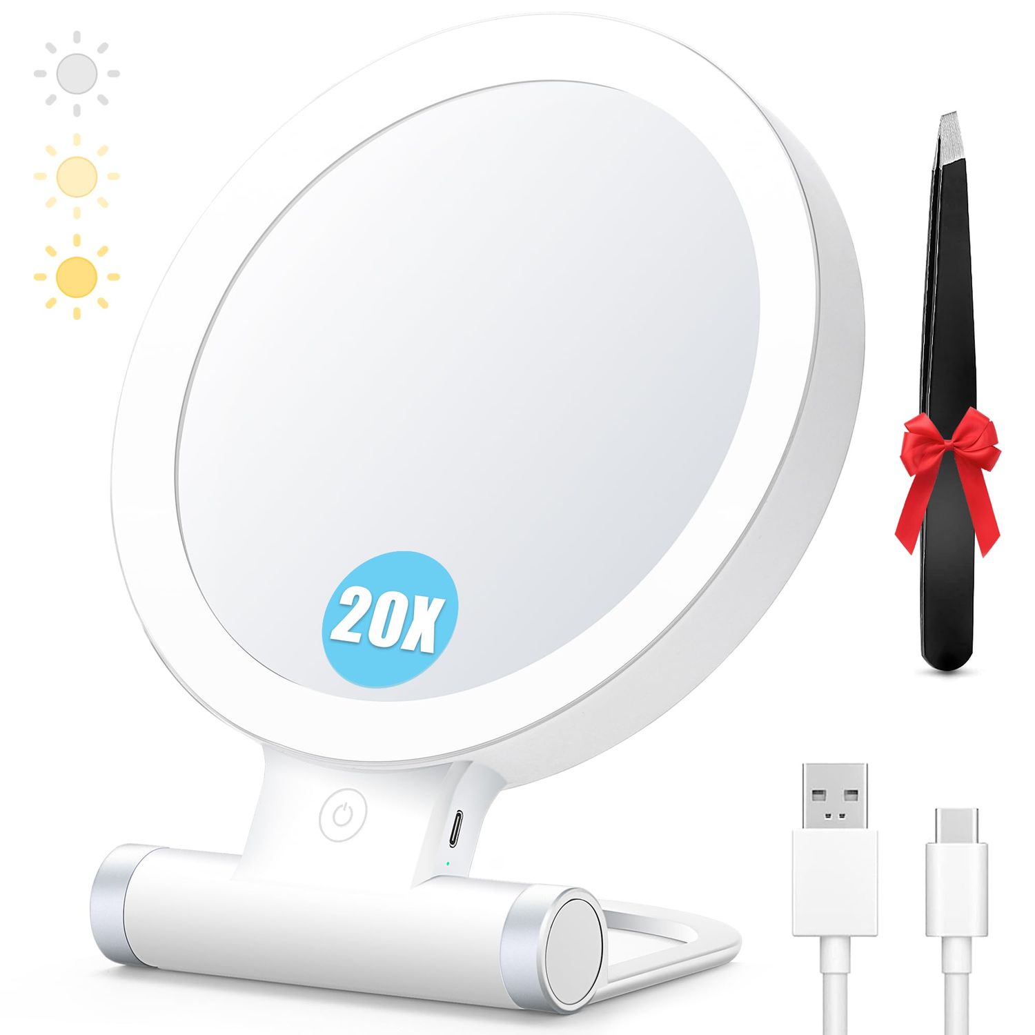MIYADIVA 20X Magnifying Mirror with Light, Travel Magnifying Mirror, 1X20X Vanity Mirror with Light, Adjustable Handle Travel Makeup Mirror, Touch Switch Light up Mirror for Plucking Eyebrows