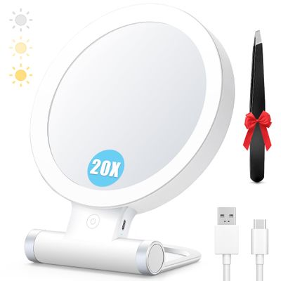 MIYADIVA 20X Magnifying Mirror with Light, Travel Magnifying Mirror, 1X20X Vanity Mirror with Light, Adjustable Handle Travel Makeup Mirror, Touch Switch Light up Mirror for Plucking Eyebrows