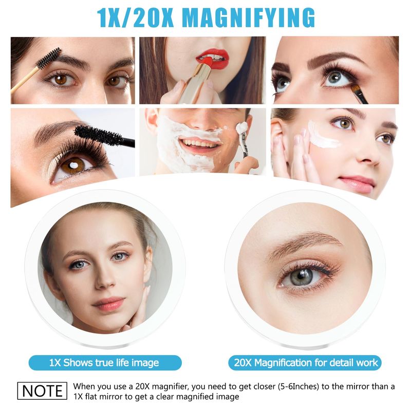 MIYADIVA 20X Magnifying Mirror with Light, Travel Magnifying Mirror, 1X20X Vanity Mirror with Light, Adjustable Handle Travel Makeup Mirror, Touch Switch Light up Mirror for Plucking Eyebrows