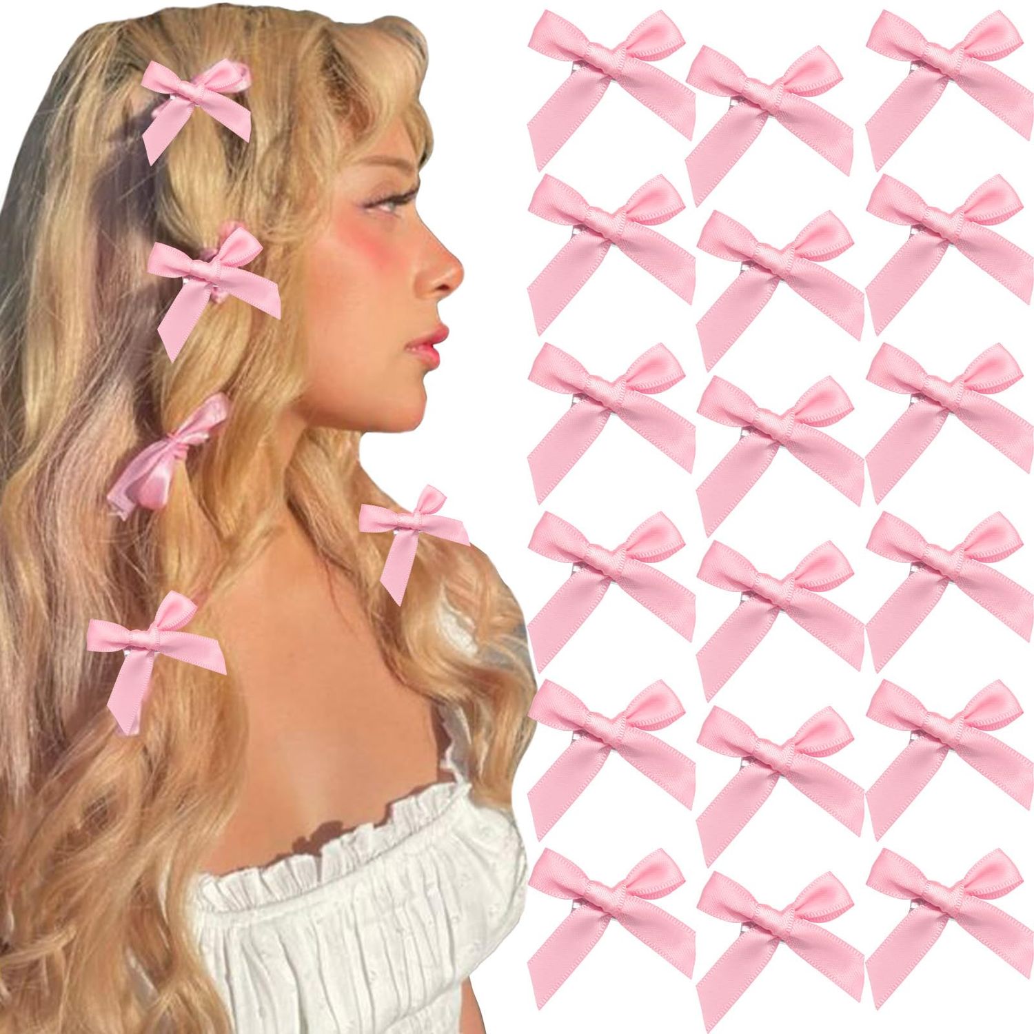 SAWINDA 20PCS Pink Mini Bowknot Ribbon Barrettes - Cute Claw Clips for Teens, Women &amp; Girls&#39; Hair Accessories