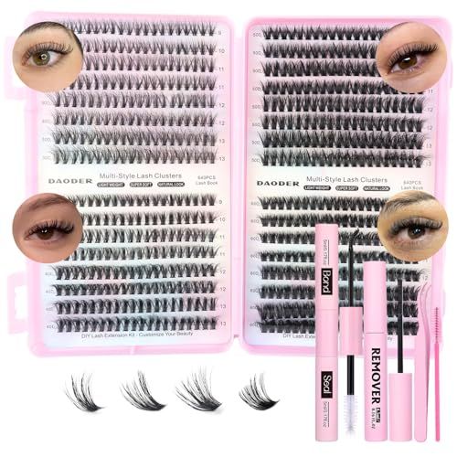 DAODER Wispy Lash Extension Kit 640Pcs Cluster Lashes Natural Look, Short Lash Clusters Kit 9-13mm 30D 40D 50D 60D D Curl Individual Lashes Kit with Lash Bond Seal Remover(30D40D50D60D Kit 9-13mm)