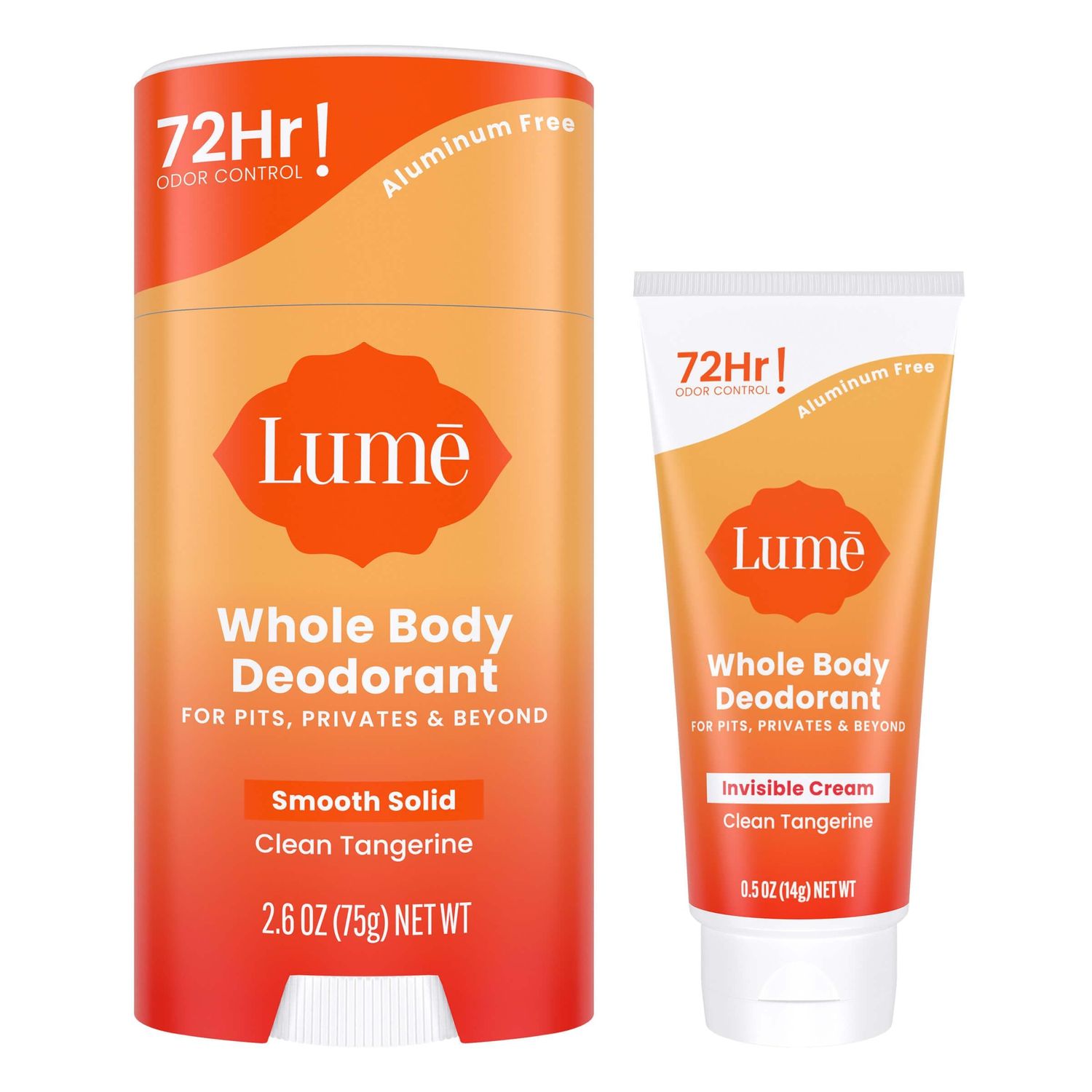 Lume Whole Body Deodorant - Invisible Cream Tube Mini  Solid Stick Bundle - 72 Hour Odor Control - Aluminum &amp; Baking Soda Free, Skin Loving (Clean Tangerine)