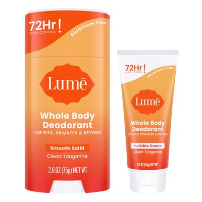 Lume Whole Body Deodorant - Invisible Cream Tube Mini  Solid Stick Bundle - 72 Hour Odor Control - Aluminum &amp; Baking Soda Free, Skin Loving (Clean Tangerine)