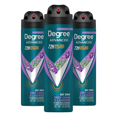 Degree Men Advanced Antiperspirant Deodorant Dry Spray Deep Cedar &amp; Lavender 3 Count 72-Hour Sweat and Odor Protection Deodorant for Men With Body Heat Activated Technology 3.8 oz