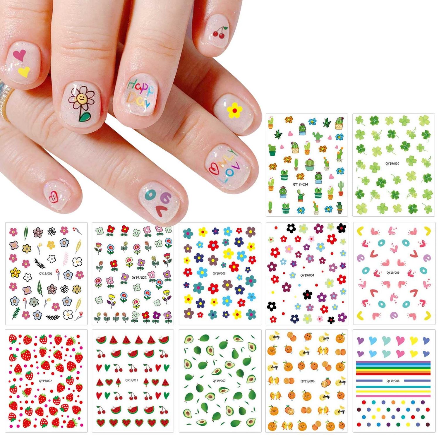 JMEOWIO 14 Sheets Cute Nail Stickers for Kids Nail Art Stickers Decals Self-Adhesive Pegatinas Uas Rainbow Flower Fruit Nail Supplies Nail Art Design Decoration Accessories