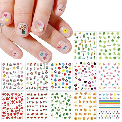 JMEOWIO 14 Sheets Cute Nail Stickers for Kids Nail Art Stickers Decals Self-Adhesive Pegatinas Uas Rainbow Flower Fruit Nail Supplies Nail Art Design Decoration Accessories