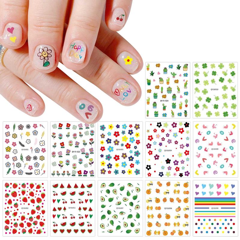 JMEOWIO 14 Sheets Cute Nail Stickers for Kids Nail Art Stickers Decals Self-Adhesive Pegatinas Uas Rainbow Flower Fruit Nail Supplies Nail Art Design Decoration Accessories