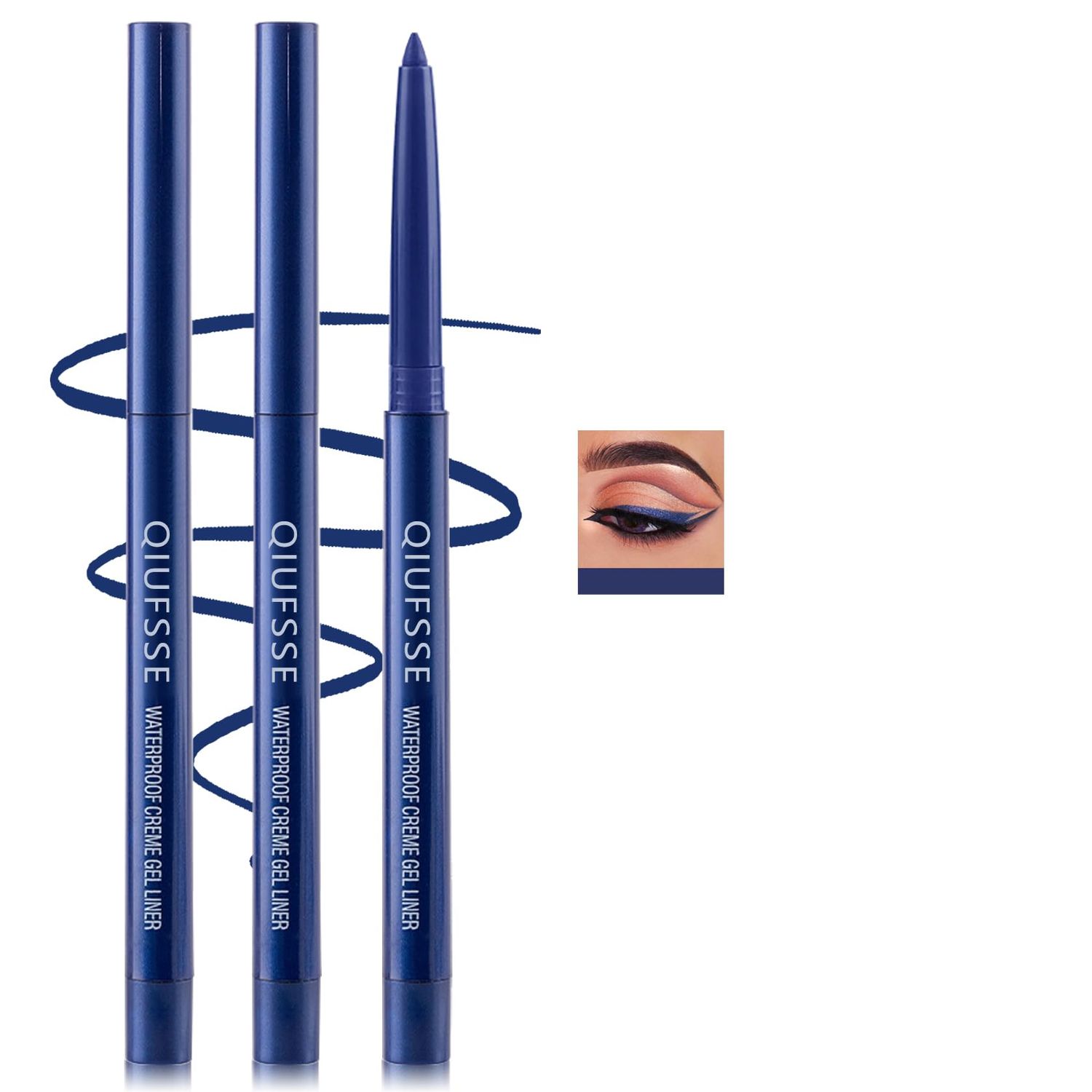 QIUFSSE 3PCS Blue Eyeliner Pencil Waterproof Eyeliner Pen Retractable Colorful Eyeliner Easy to Use Eyeliner Pen for Women,Pro Delineador De Ojos A Prueba de AguaDark Blue Shine