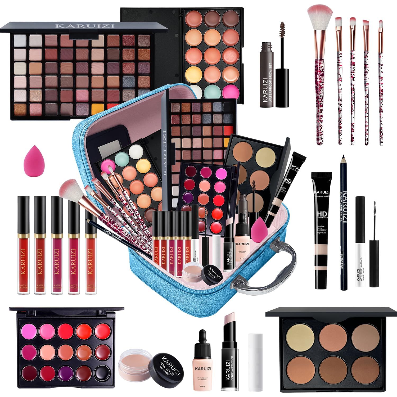 KARUIZI All in One Makeup Kit,Makeup Kit for Women, Teens and Girls, All-in-One Set with Eyeshadow Palettes, Lipsticks, Brushes, Storage Bag,Makeup gift set girls makeup sets ages 8-12 (Blue)