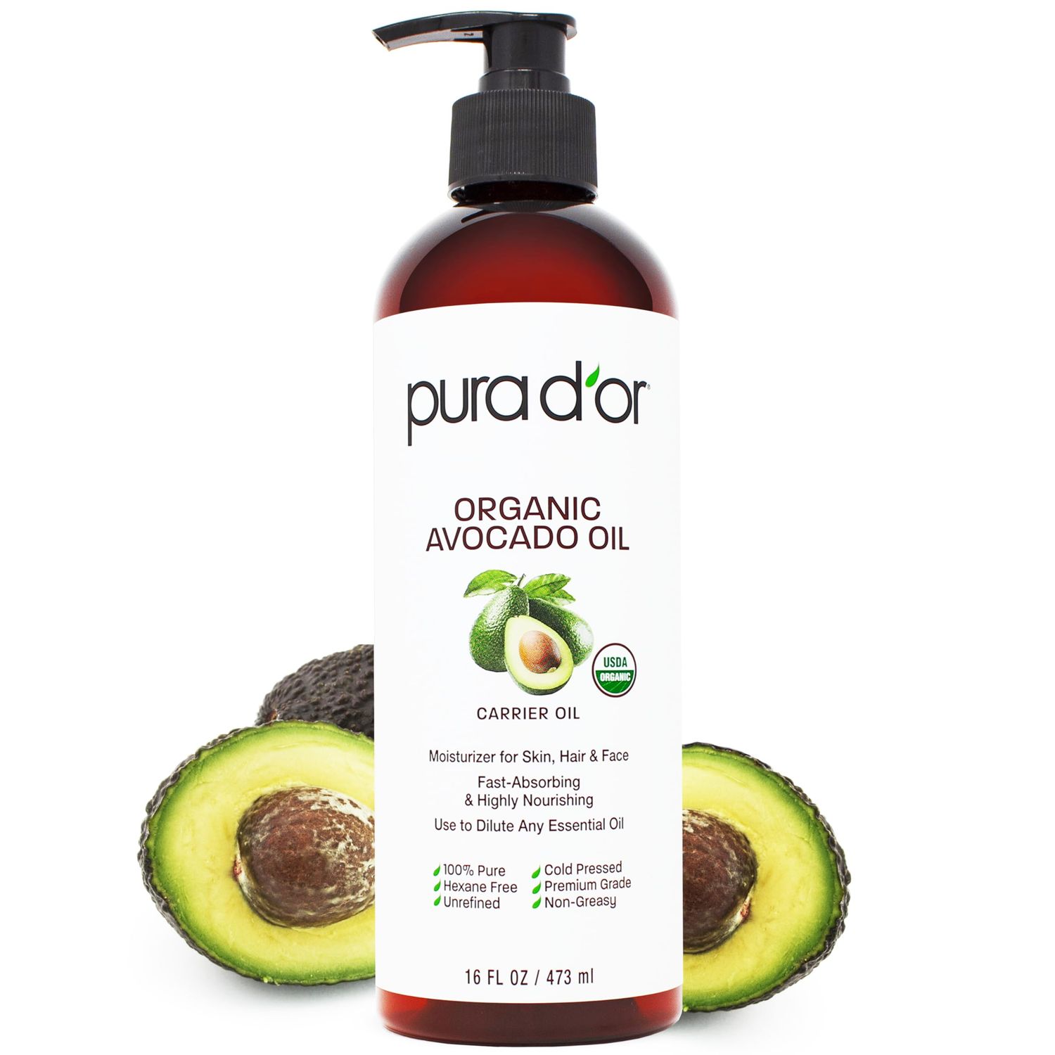 PURA D&#39;OR 16 Oz ORGANIC Avocado Oil - 100% Pure &amp; Natural USDA Certified Cold Pressed Carrier Oil For DIY Beauty, Non-Greasy, Unscented, Hexane Free Liquid Moisturizer - Face Skin &amp; Hair - Men &amp; Women