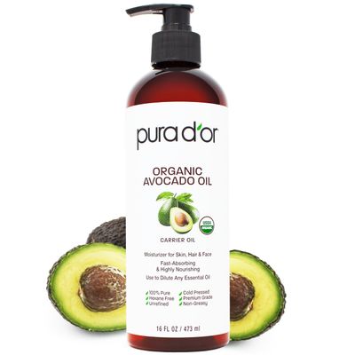 PURA D&#39;OR 16 Oz ORGANIC Avocado Oil - 100% Pure &amp; Natural USDA Certified Cold Pressed Carrier Oil For DIY Beauty, Non-Greasy, Unscented, Hexane Free Liquid Moisturizer - Face Skin &amp; Hair - Men &amp; Women