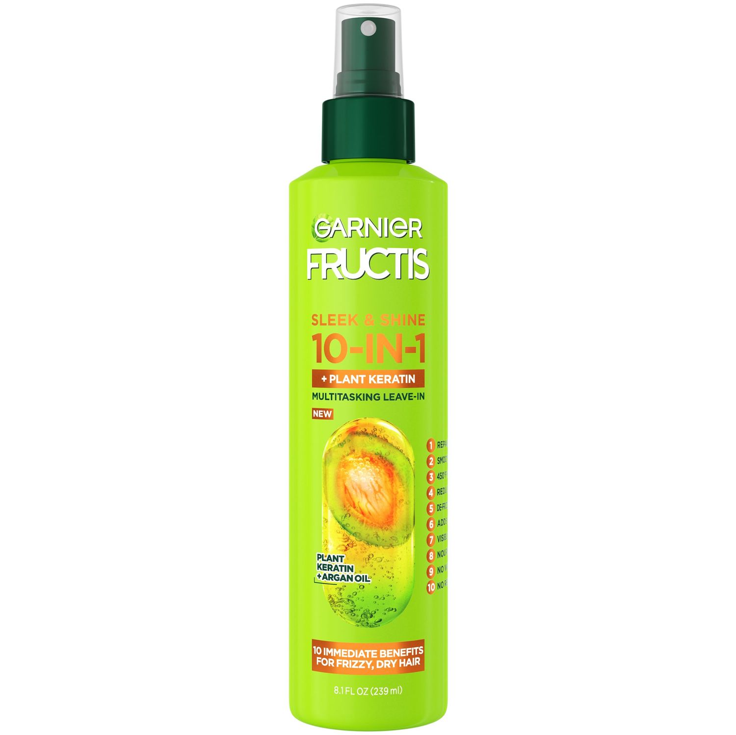 Garnier Fructis Sleek &amp; Shine 10-in-1 for Frizzy, Dry Hair, Plant Keratin, 8.1 Fl Oz, 1 Count (Packaging May Vary)