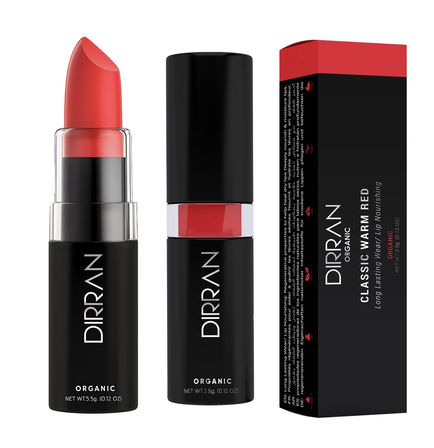 DIRRAN ORGANIC Lipstick Long Lasting Regenerative to Help Heal Dry Lips With Deeply Nourish &amp; Moisturize Lips Enhances Natural Beauty Make Lips Soft, Smooth (0.12oz), (CLASSIC WARM RED)