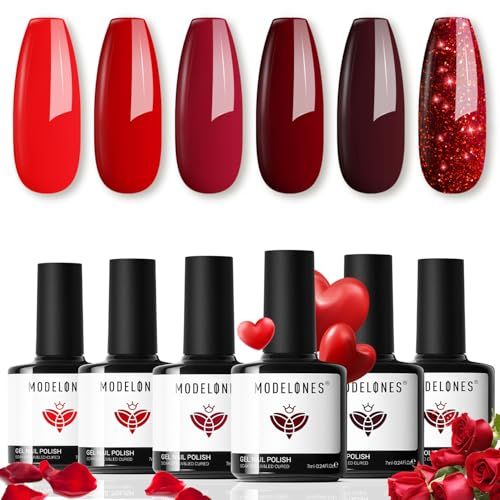 modelones Gel Nail Polish Set - 6 Red Colors Valentine&#39;s Day Gel Polish Glitter Red Gel Polish Burgundy Red Sparkle Bloody Red Nail Polish Gel Manicure DIY Salon Nail Art Gifts