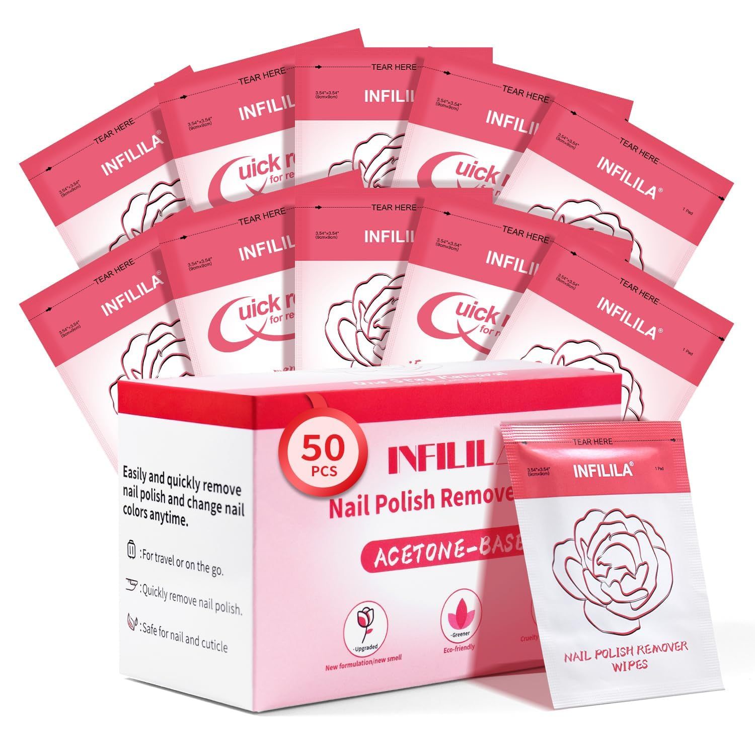 NXJ INFILILA Nail Polish Remover Pads, Nail Polish Remover Wipes, 50PCS Quick Nail Polish Remover Wipes Big Size Portable, Individually Wrapped Nail Polish Remover Wet Wipes