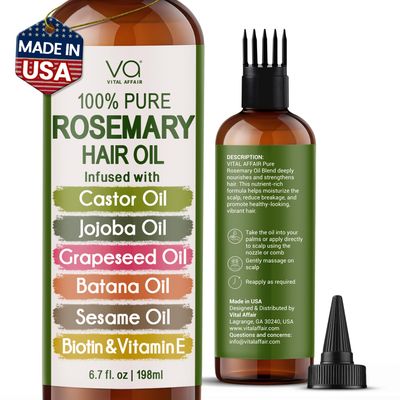 100% Pure Rosemary Oil For Hair Growth With Castor Oil-Batana Oil-Jojoba Oil-Infused With Biotin &amp; Vitamin E-Blend of Effective Hair Oils for Hair Growth-Strengthening Treatment-Vital Affair-6.7 Fl Oz