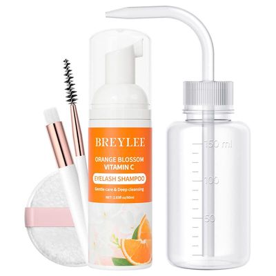 BREYLEE Eyelash Extension Cleanser, Lash Shampoo for Extensions, Lash Cleanser, Lash Bath, Lash Cleaner, Lash Cleaning Kit with Rinse BottleBrushPad for Professional &amp; Self