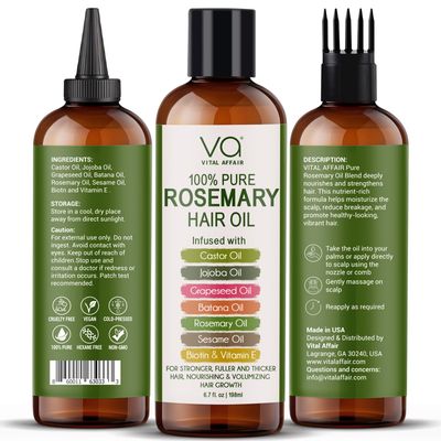 100% Pure Rosemary Oil For Hair Growth With Castor Oil-Batana Oil-Jojoba Oil-Infused With Biotin &amp; Vitamin E-Blend of Effective Hair Oils for Hair Growth-Strengthening Treatment-Vital Affair-6.7 Fl Oz
