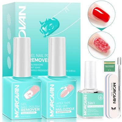 Morovan Gel Nail Polish Remover Kit Gel Polish Remover for Nails with Liquid Latex Tape Peel off Nail Strengthener Cuticle Pusher Quick &amp; Easy Gel Remover for Nails in 3-5 mins No Soaking Or Wrapping