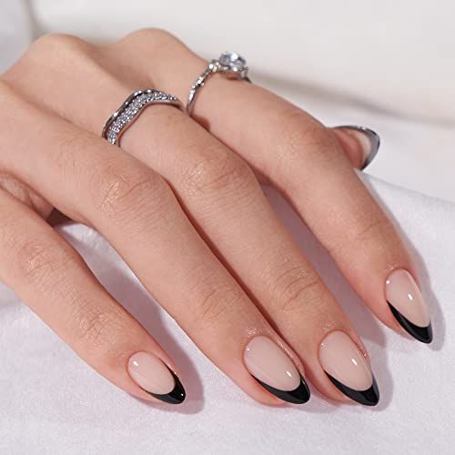 BTArtbox French Tip Press On Nails Almond - New Year Press on Nails Short, Glue On Nails for Women Gift, Supremely Fit Natural Reusable Stick On Nails in 16 Sizes - 30 Fake Nails Kit, Black French