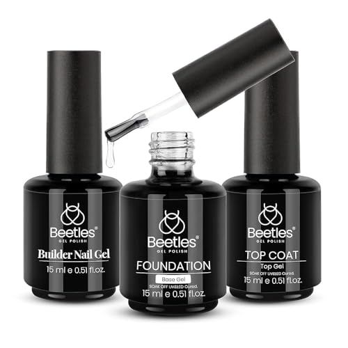 Beetles 3Pcs 15ml Top and Base Coat Builder Nail Gel Set No Wipe Gel Top Coat Base Gel Builder Extension Gel for Nails Shine Finish and Long Lasting Nail Protection Valentine's Day Gift for Women