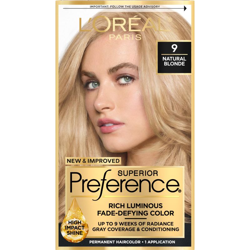 L'Oreal Paris Superior Preference Fade-Defying  Shine Permanent Hair Color, 9 Natural Blonde, Pack of 1, Hair Dye