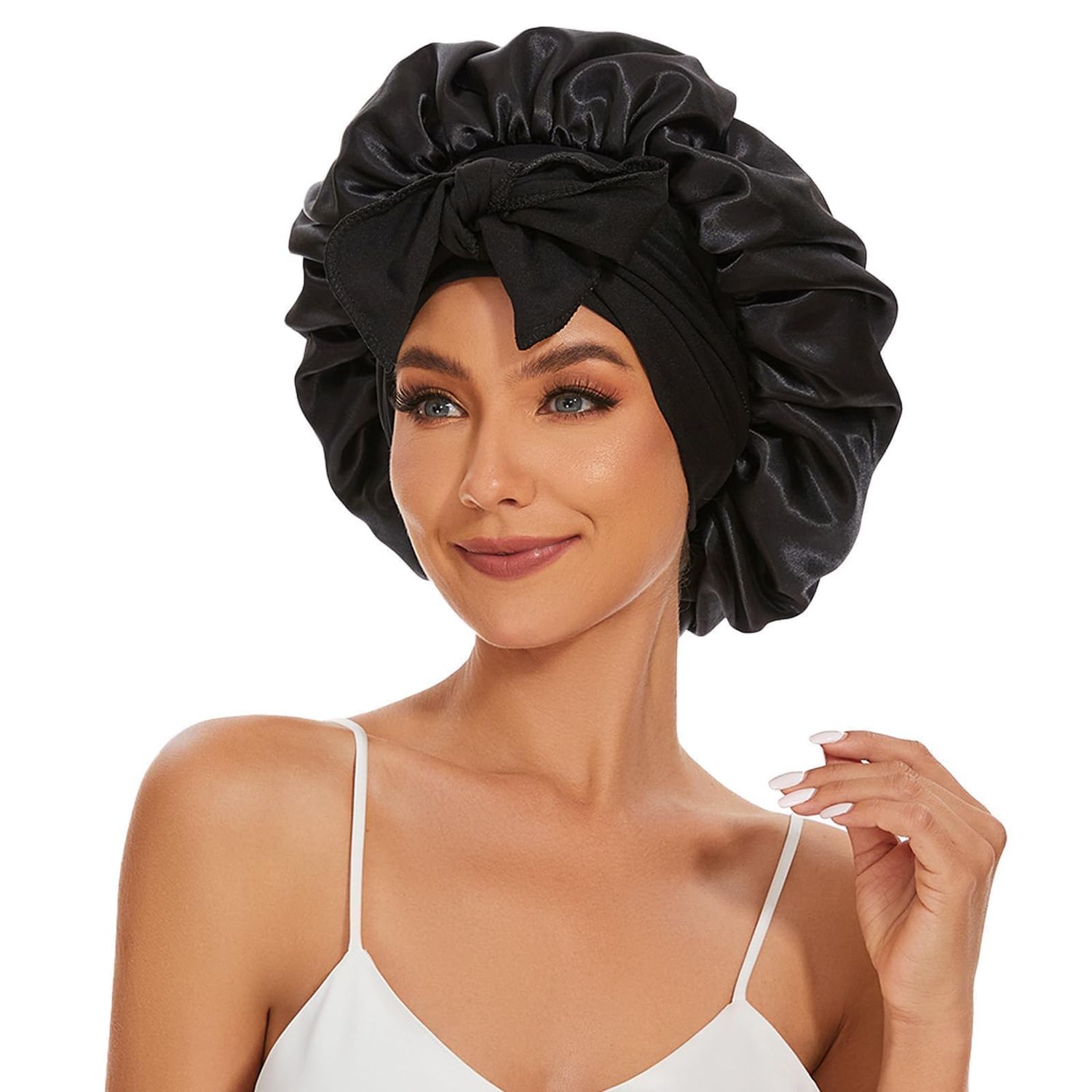 Satin Silk Bonnet Hair Bonnet for Sleeping Jumbo Sleep Cap, Black Bonnet for Women Curly Hair, Double Layer Bonnet with Tie Band