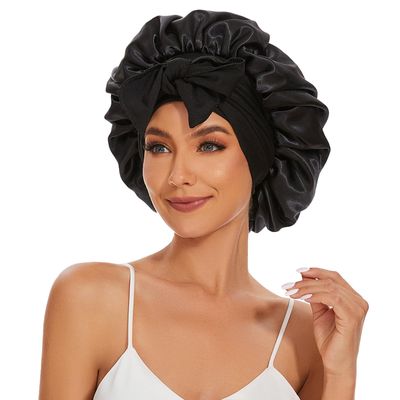 Satin Silk Bonnet Hair Bonnet for Sleeping Jumbo Sleep Cap, Black Bonnet for Women Curly Hair, Double Layer Bonnet with Tie Band