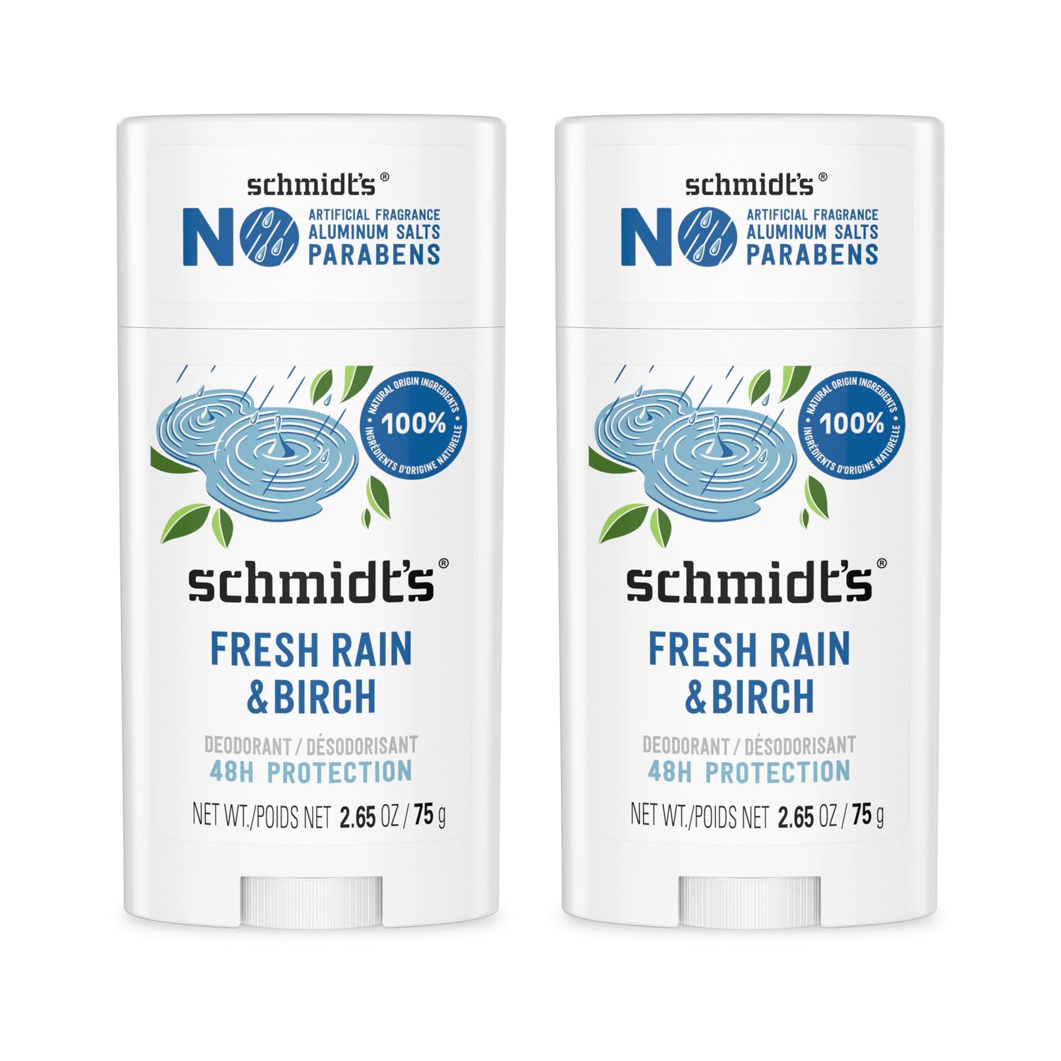 Schmidt&#39;s Aluminum-Free Vegan Deodorant Fresh Rain &amp; Birch with 24 Hour Odor Protection, 2 Count for Women and Men, Natural Ingredients, Cruelty-Free, 2.65 oz