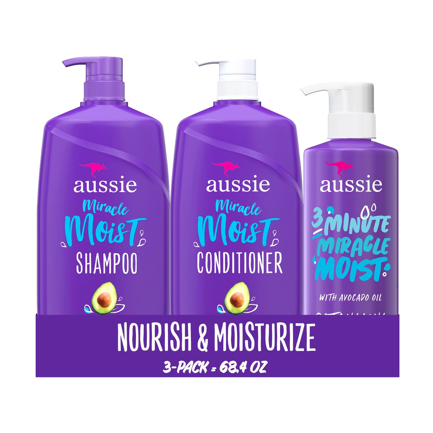 Aussie Miracle Moist Shampoo and Conditioner with 3 Minute Miracle Deep Conditioner, Avocado &amp; Jojoba Oil, Paraben-Free, Moisturizes &amp; Detangles, All Hair Types, Citrus Floral Scent, 3 Pack 68.4 Fl Oz