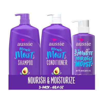 Aussie Miracle Moist Shampoo and Conditioner with 3 Minute Miracle Deep Conditioner, Avocado &amp; Jojoba Oil, Paraben-Free, Moisturizes &amp; Detangles, All Hair Types, Citrus Floral Scent, 3 Pack 68.4 Fl Oz
