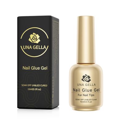 UNA GELLA 6 In 1 Gel Nail Glue for Clear Acrylic Nail Tips, 15ml Long Lasting Super Strong Brush Gel x Nail Glue for Base Coat, Clear Fake Nail Tips, and Soft Gel Tips Lamp Curing Needed UV