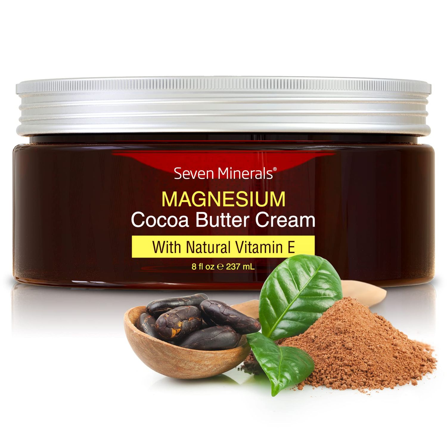 Seven Minerals, Natural Magnesium Cream for Pain Calm, Leg Cramps, Sleep &amp; Muscle Soreness With Moisturizing Organic Cocoa Butter &amp; Vitamin E - No Harmful Ingredients USA Made Safe for Kids (8 fl oz)