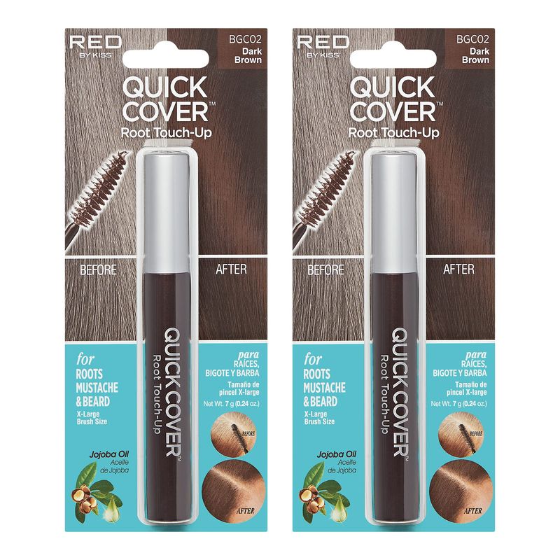RED by Kiss Quick Cover Root Touch Up Rescue, Mascara Natural Water-Resistant Temporary Gray Concealer Cover Up Brush for Hair Mustache &amp; Beard (Dark Brown) (2Pcs)