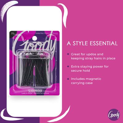 Goody SlideProof Bobby Pin Box with Magnetic Top - 75 Ct, Black Bobby Pins for Hair Styling, Lock In Style, Comfortable, Pain-Free Hair Accessories for Women &amp; Men, All Hair Types