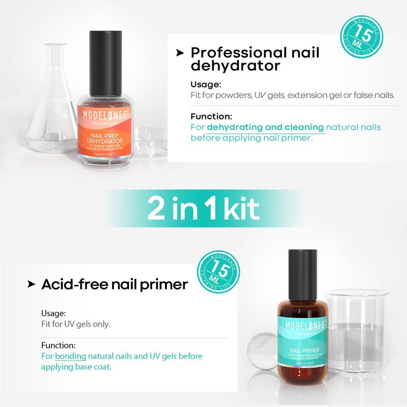 modelones 15 ml Nail Prep Dehydrator and Primer, Nail Prep Dehydrator &amp; Nail Primer Kit, Acrylic Nail Supplies Primer