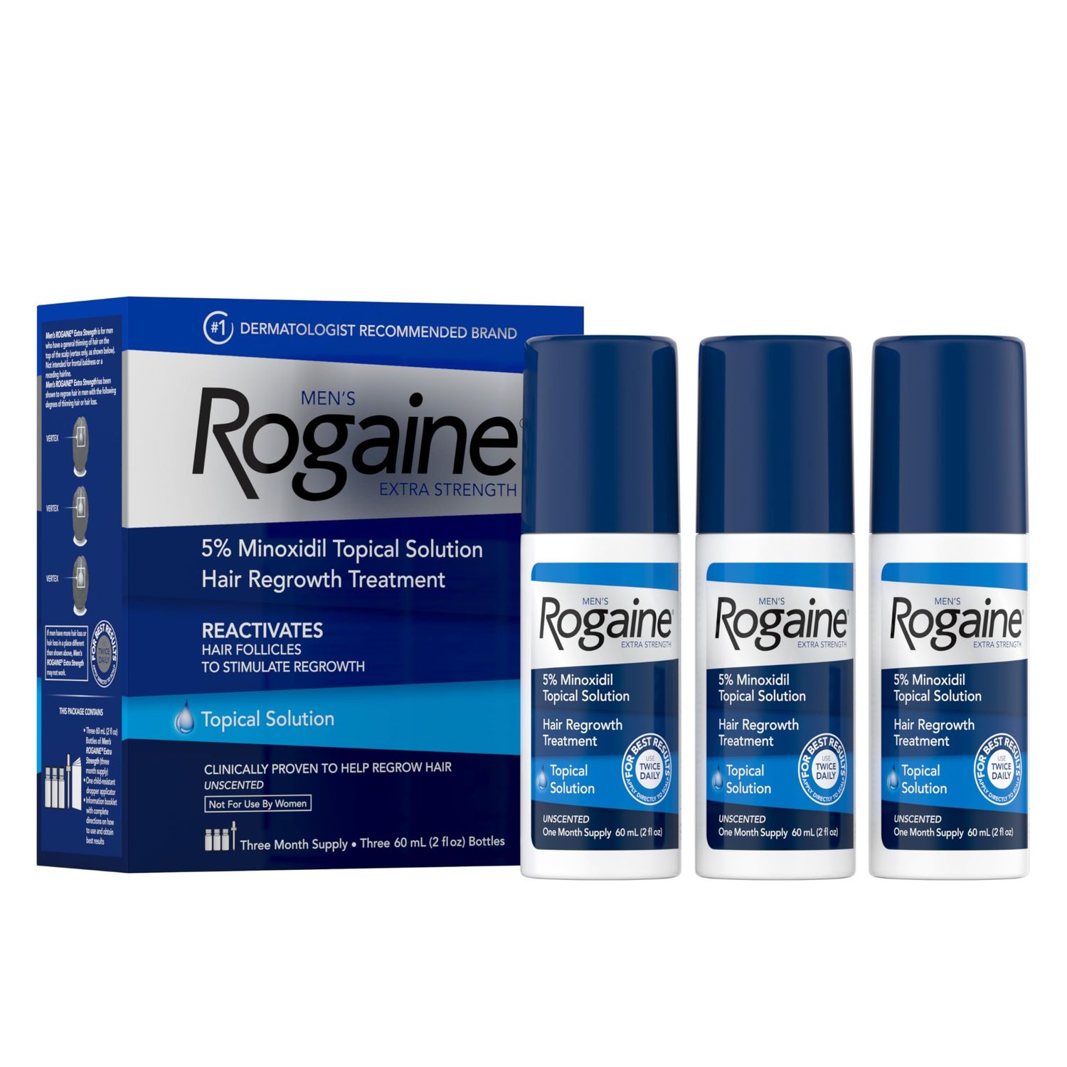 Men&#39;s Rogaine Extra Strength 5% Minoxidil Topical Solution for Thin Hair, Hair Loss Treatment to Regrow Fuller, Thicker Hair, 3-Month Supply, 3 x 2 fl. oz