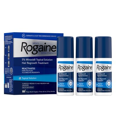 Men&#39;s Rogaine Extra Strength 5% Minoxidil Topical Solution for Thin Hair, Hair Loss Treatment to Regrow Fuller, Thicker Hair, 3-Month Supply, 3 x 2 fl. oz