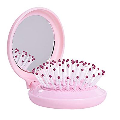 Mini Hair Brush for Purse, Small Portable Pocket Hair Brush with Mirror for Girls, Travel Size, Pink