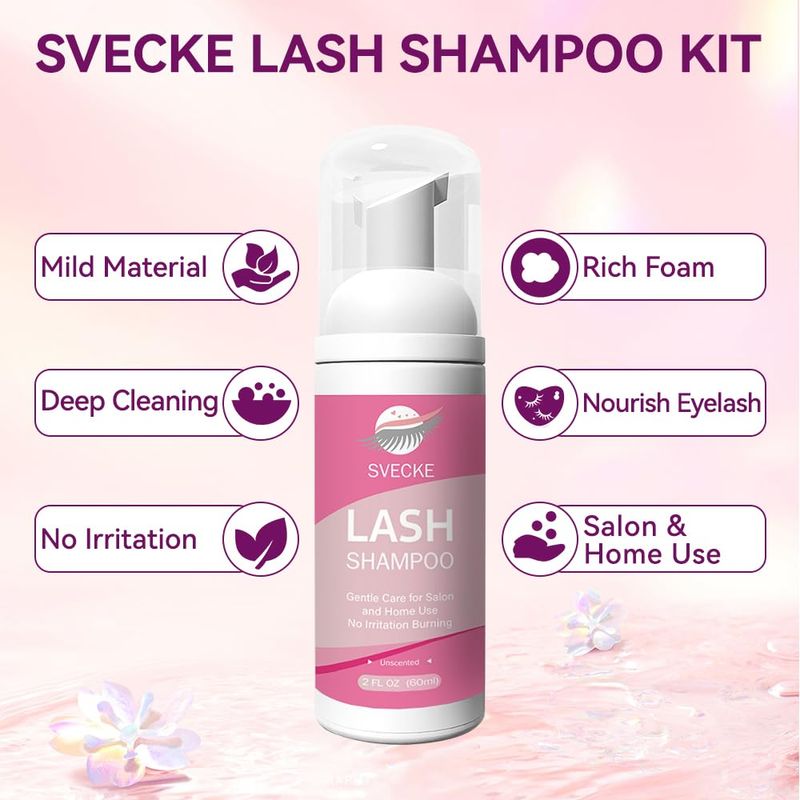 SVECKE Lash Shampoo Kit, 2 fl.oz  60ml Eyelash Cleanser, Eyelash Shampoo for Lash Extensions, Lash Cleaning Kit with Lash Fan Dryer, Eyelash Remover for Salon and Home Use