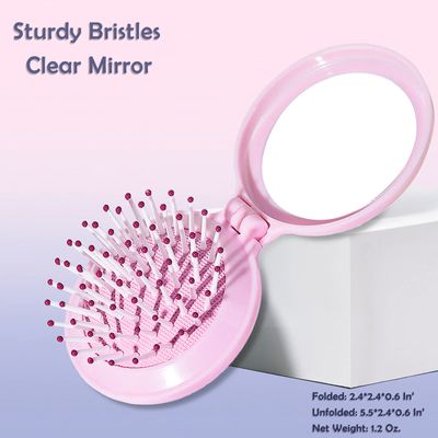Mini Hair Brush for Purse, Small Portable Pocket Hair Brush with Mirror for Girls, Travel Size, Pink