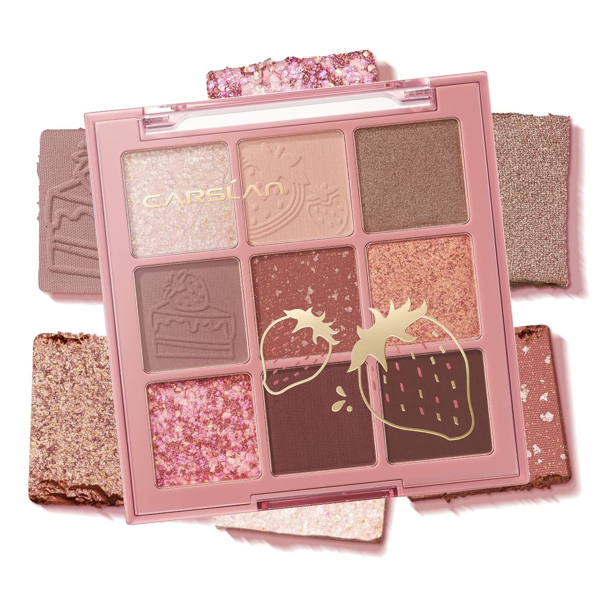 CARSLAN Eyeshadow Palette, 9 Color Longlasting Nude Eye Makeup Palettes in Matte, Shimmer, Glitter Eye Shadow, High Pigmented sombras para ojos for Daily Strawberry Makeup, 02 Pink Strawberry
