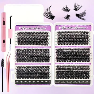 Fluffy Lash Clusters Kit 600pcs DIY Lash Extension Kit, 8-16mm Wispy Lash Clusters Kit Natural 6080100D Mixed Eyelashes Kit C Curl with Lash Bond and Seal and Lash Applicator Tool.(60-80-100p-DBH)
