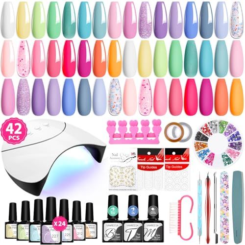 VANREESA 42 Pcs Gel Nail Polish Kit with U V Light 24 Popular Colors Gel Nail Polish Set Green Blue Purple Pink Orange Complete Gel Nail Kit with Manicure Tools Christmas Gifts for Women Girls
