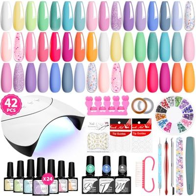 VANREESA 42 Pcs Gel Nail Polish Kit with U V Light 24 Popular Colors Gel Nail Polish Set Green Blue Purple Pink Orange Complete Gel Nail Kit with Manicure Tools Christmas Gifts for Women Girls