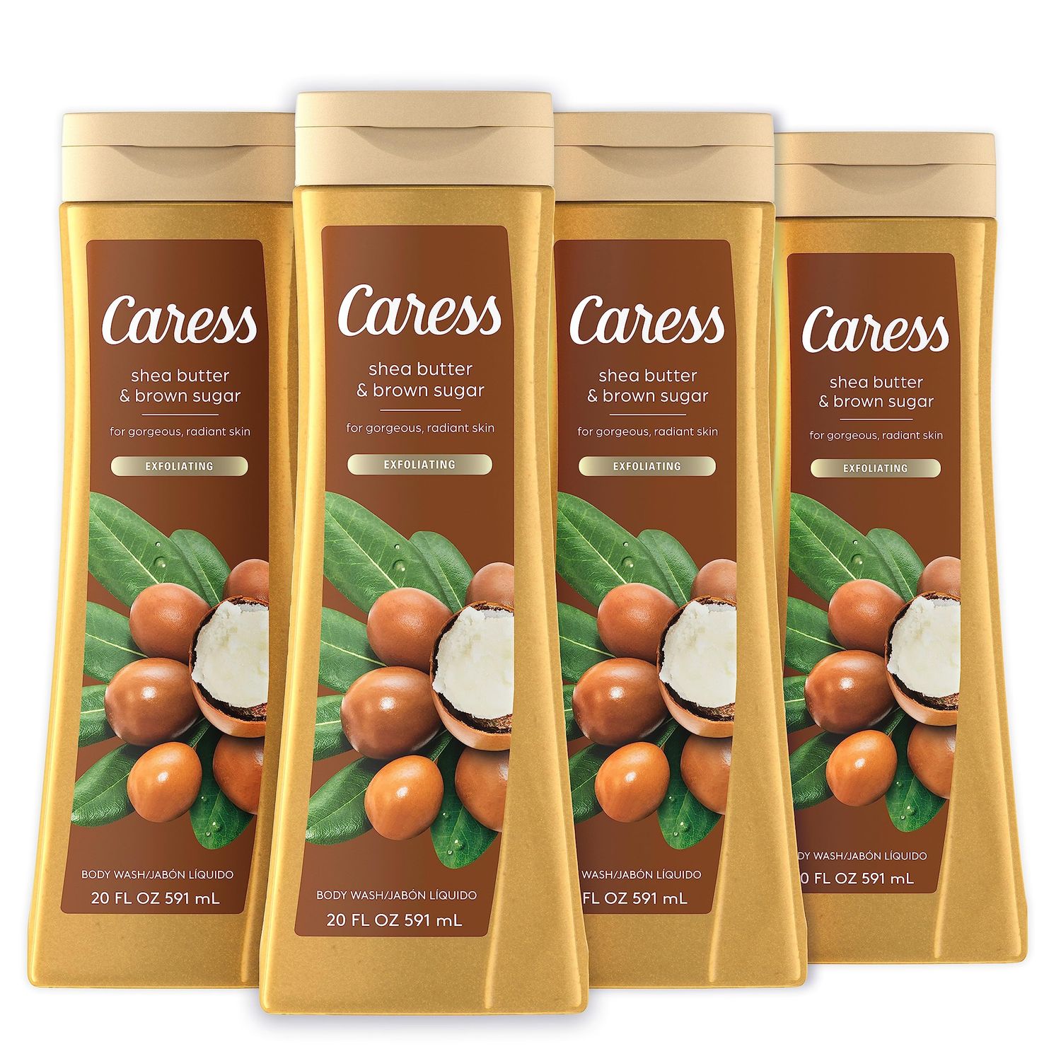 Caress Body Wash for Women, Shea Butter &amp; Brown Sugar, Hydrating and Exfoliating Shower Gel for Gorgeous Radiant Skin, 20 fl oz, 4 Pack