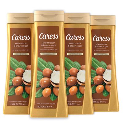 Caress Body Wash for Women, Shea Butter &amp; Brown Sugar, Hydrating and Exfoliating Shower Gel for Gorgeous Radiant Skin, 20 fl oz, 4 Pack