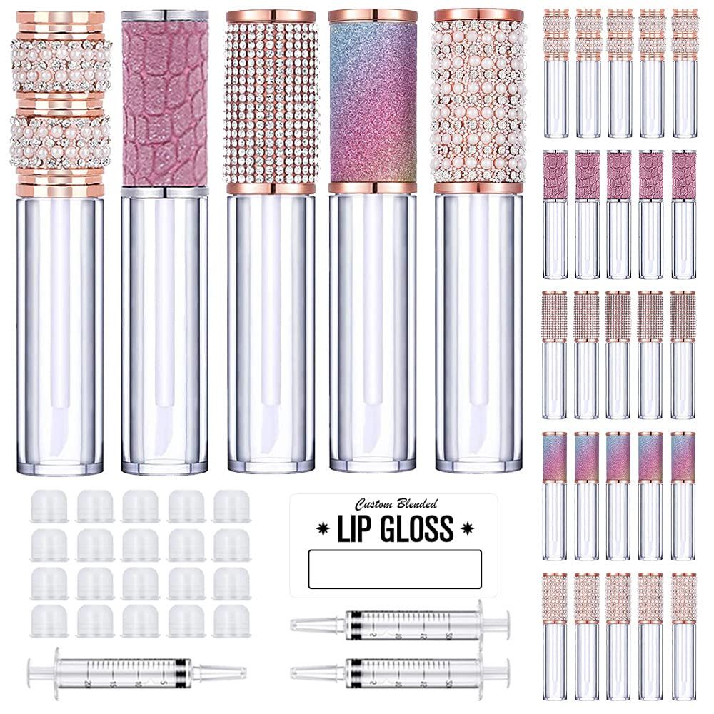 AMORIX 25 Pack Diamond Lip Gloss Tubes with Wand 5ml Empty Rhinestone Lip Gloss Containers Cute Lipgloss Bottles Crystal Lip Gloss Supplies Kit  2pcs Syringes  Labels for DIY Lip Gloss Base