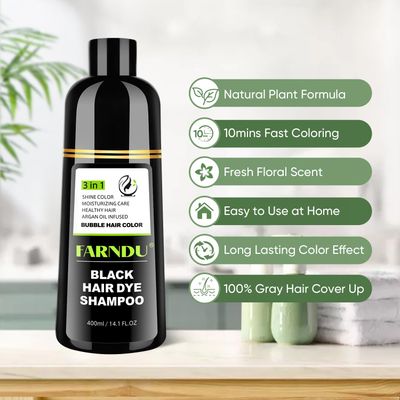Farndu Black Hair Dye Shampoo for Gray Hair, Hair Color Shampoo 3 In 1 for Women Men Grey Hair Coverage, Herbal Ingredients Champu Con Tinte Para Canas
