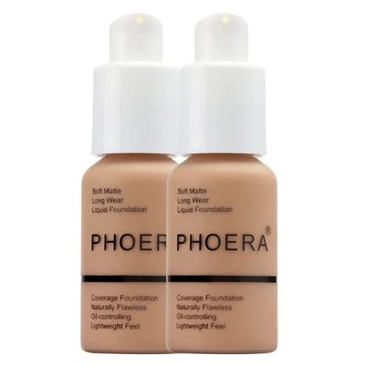 Glamza Phoera Foundation Full Coverage Makeup Set - 24hr Long Lasting Oil Control - Soft Smooth Matte Flawless Concealer Cream - Inc x2 30ml Foundation &amp; Silicone Blender Sponge (105 Sand)